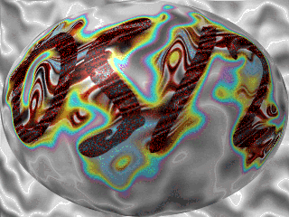 [texture-mapped, colored `OS/2' wrapped around a reflecting egg]
