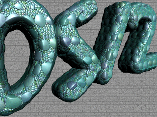 [3D texture-mapped, blue/green snakeskin `OS/2' on a brick background]