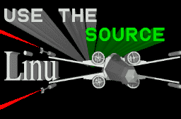 [`Use the Source: Linux' with an X-wing fighter as the `x']