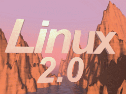 [`Linux 2.0' floating in front of a sunset-lit, rendered canyon]