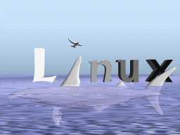 [`Linux' floating on ocean with a shark's fin as the `i']