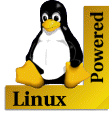 [penguin on golden, L-shaped `Linux Powered' thing]