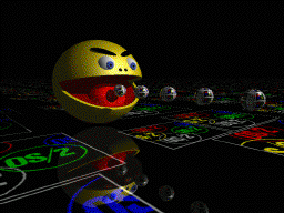 [3D Pac Man sucking down Windows balls above shiny `OS/2' floor]