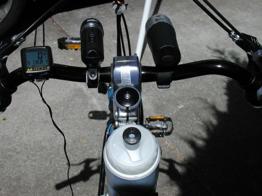 [cyclist's view of the center of the Sofrider's handlebars]