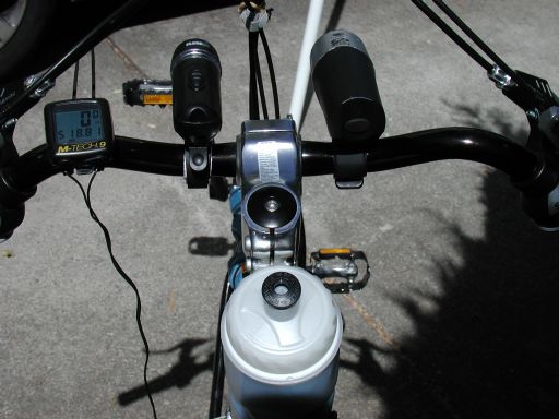 [cyclist's view of the center of the Sofrider's handlebars]